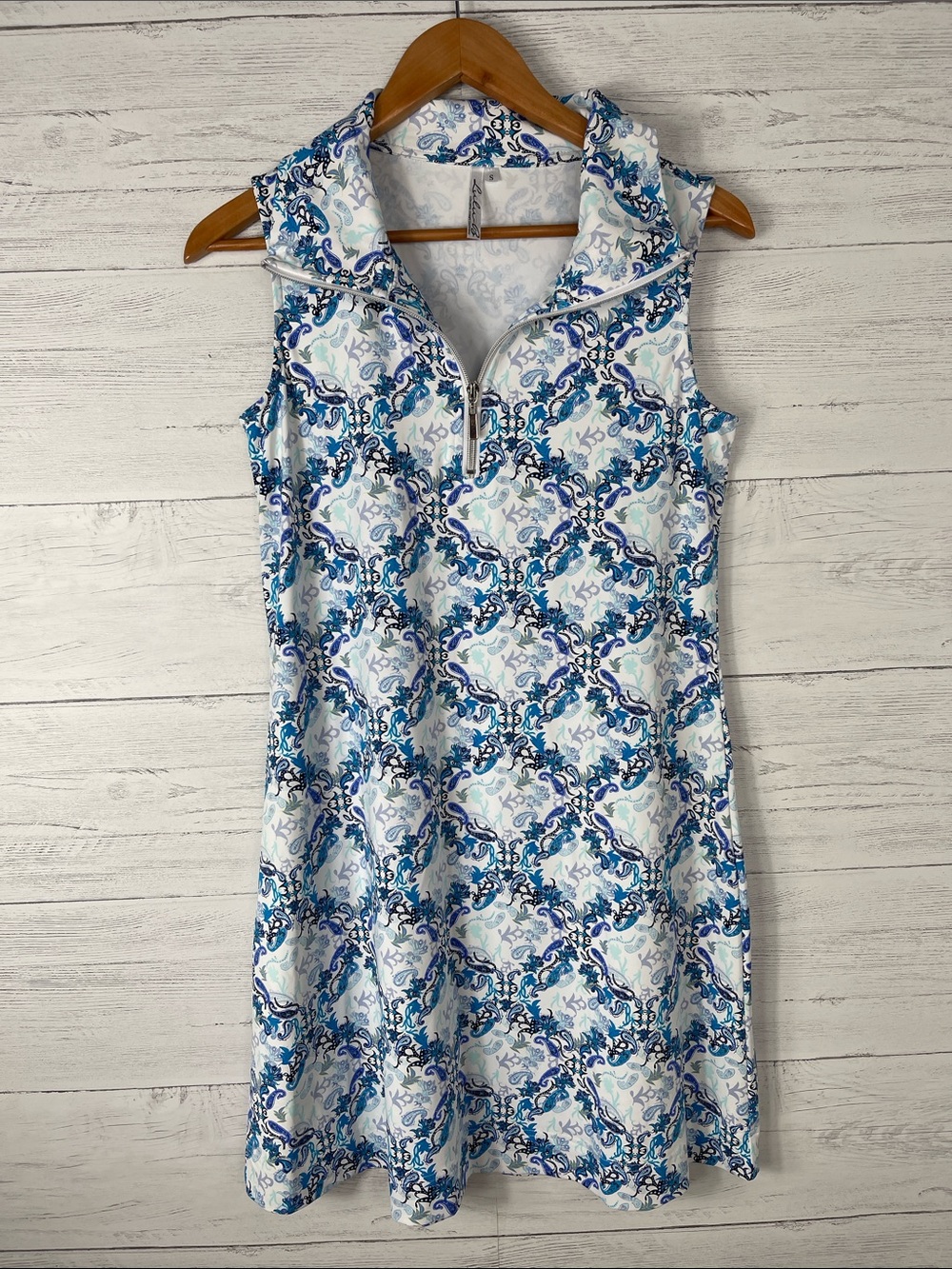 Lulu-B Sleeveless Blue & White Printed Polo Dress